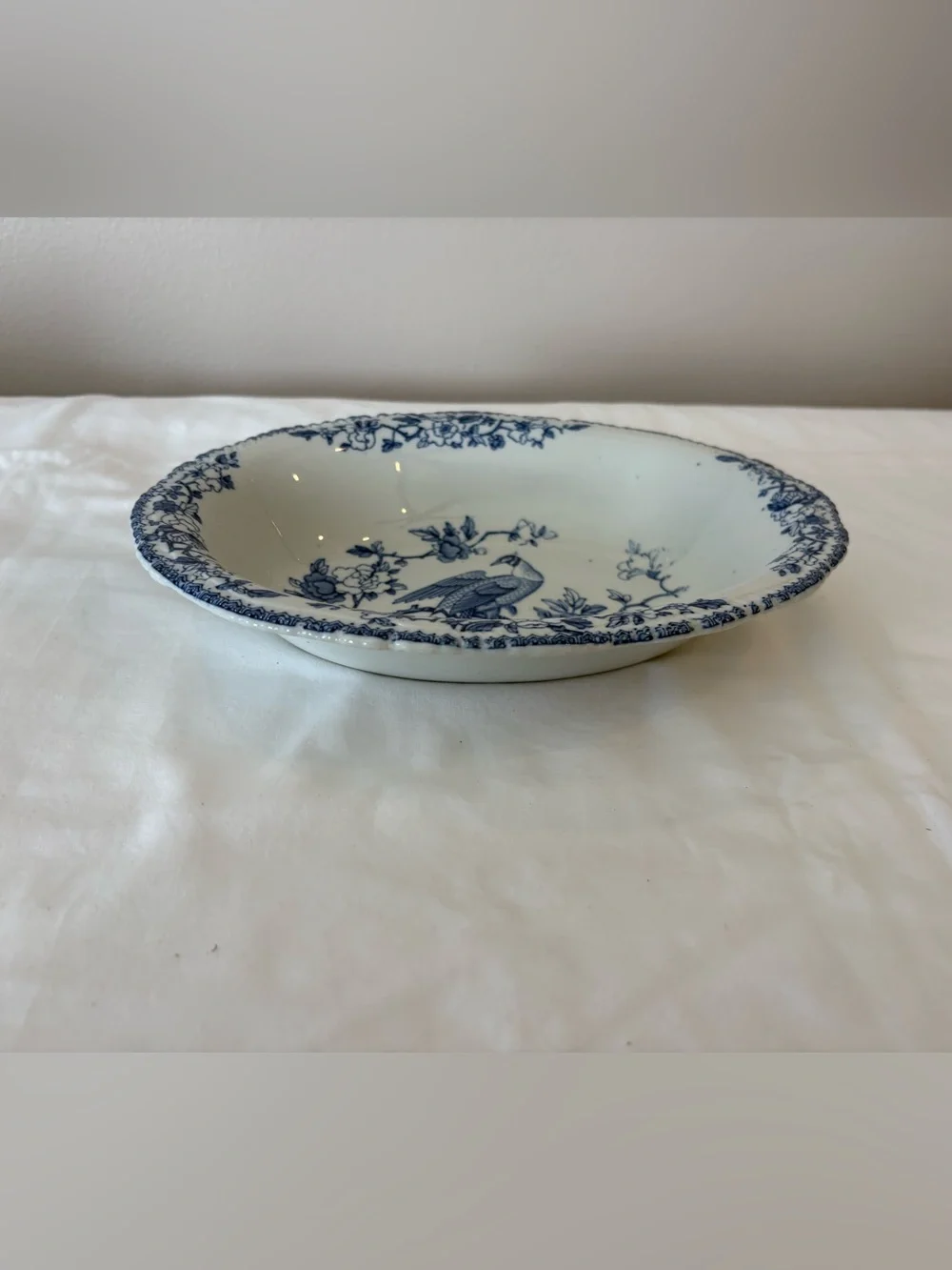 Vtg Woods Ware Mayfair Blue & White Oval Serving Bowl Bird/Floral 10”